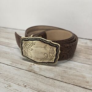 Genuine Leather Belt W/ Floral Engraved Design & Silver Tone Belt Buckle Sz 36